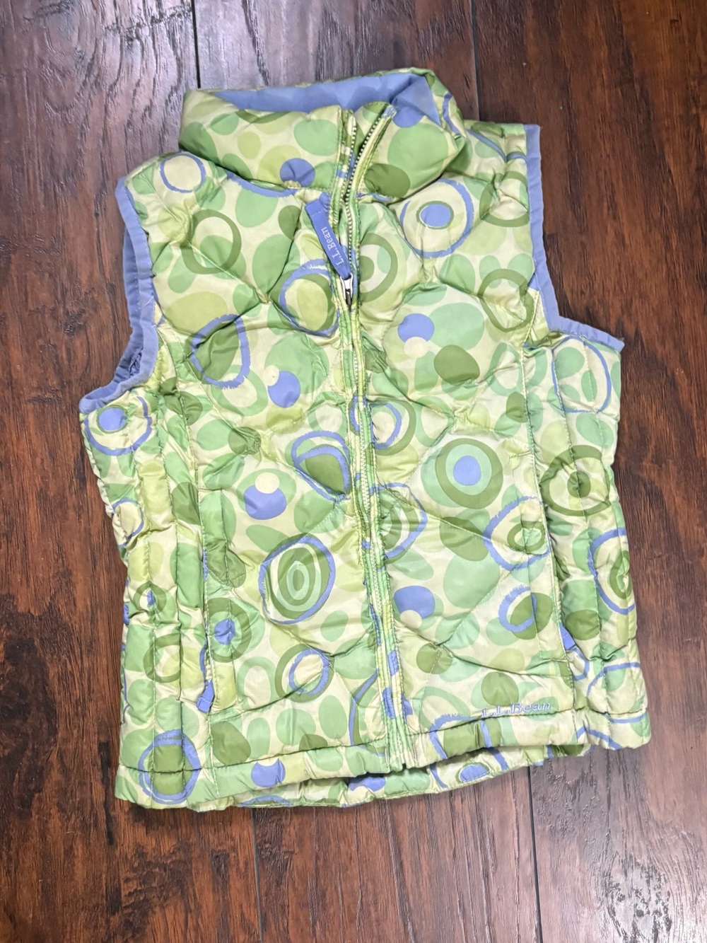 Vintage LL BEAN Kid's Green Periwinkle Geometric Goosedown VEST S8
